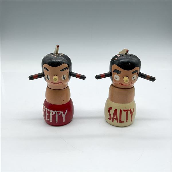 2pc Vintage Salty & Peppy Wooden Shakers