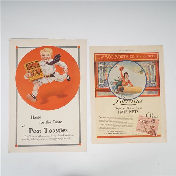 2pc Vintage Magazine Ads, Lorraine Hair Net 1922 & Post Toasties 1913