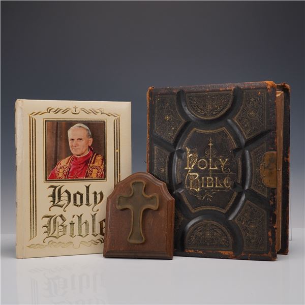3pc Vintage Holy Bible, Pope John Paul II Edition Bible, and Wall Decor
