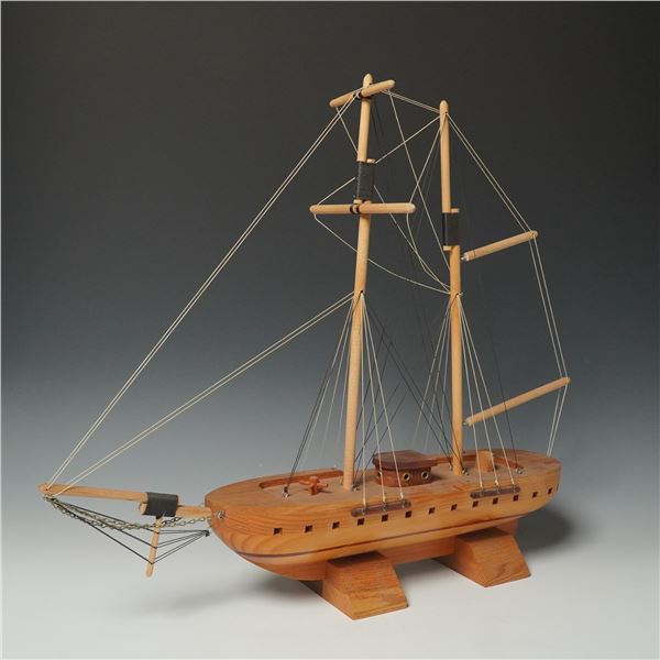 Wood Model Sailing Ship, Two-Mast Display with Base