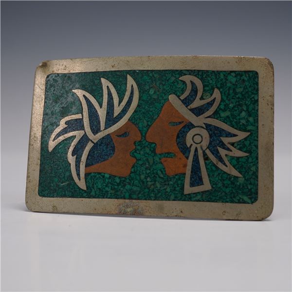 Mexico Made Belt Buckle with Stylized Faces Design