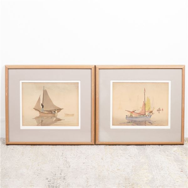 2pc Nautical Watercolors, Sailboats at Sea
