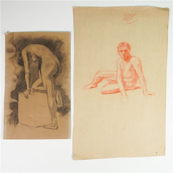 2pc Nude Figure Sketches on Laid and Toned Paper