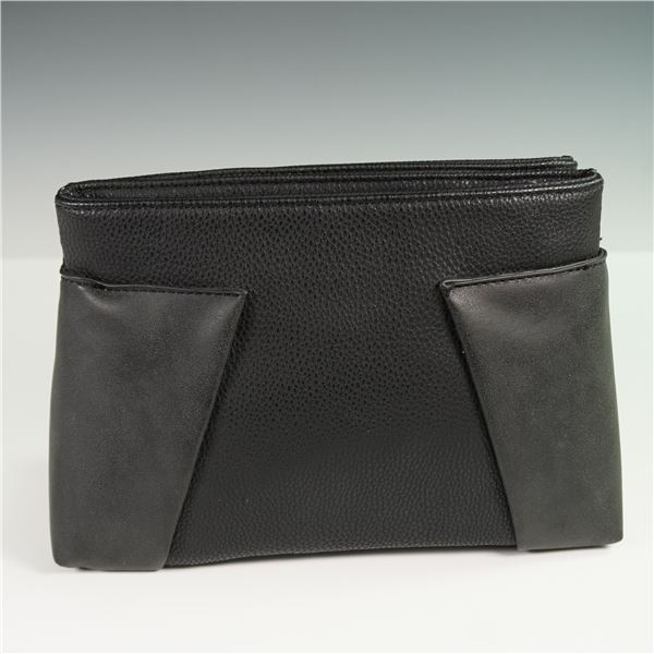 Black Faux Leather Double-Zip Clutch Bag with Striped Lining