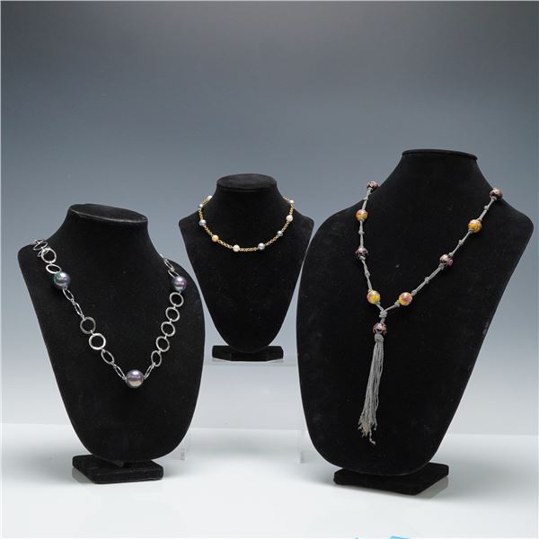 3pc Necklace Set with Tassel, Mallorica-Style Beads, and Mixed Metals