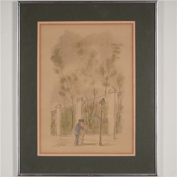 Eduardo Vicente, Color Lithograph on Paper, Couple Near Fence