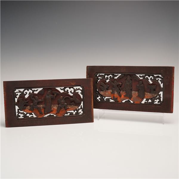2pc Carved Wood Figural Panels with Relief Decoration