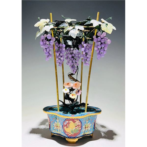 Cloisonné Enamel and Jade Inlaid Floral and Grape Bonsai