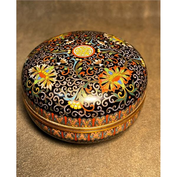 Cloisonné Enamel Circular Box with Floral Scrolls on Black Ground
