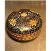 Image 1 : Cloisonné Enamel Circular Box with Floral Scrolls on Black Ground