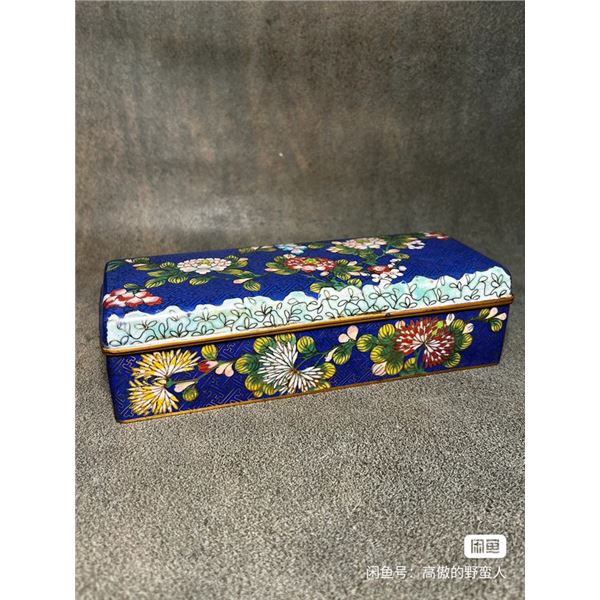 Cloisonné Enamel Rectangular Box with Chrysanthemum Motifs on Blue Ground