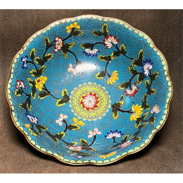 Cloisonné Enamel Lobed Bowl with Floral Scrolls on Blue Ground