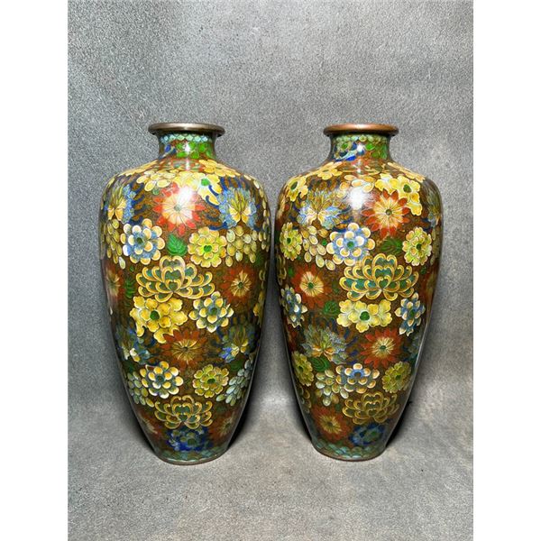 Pair of Cloisonné Enamel Vases with Floral Scrolls  Description