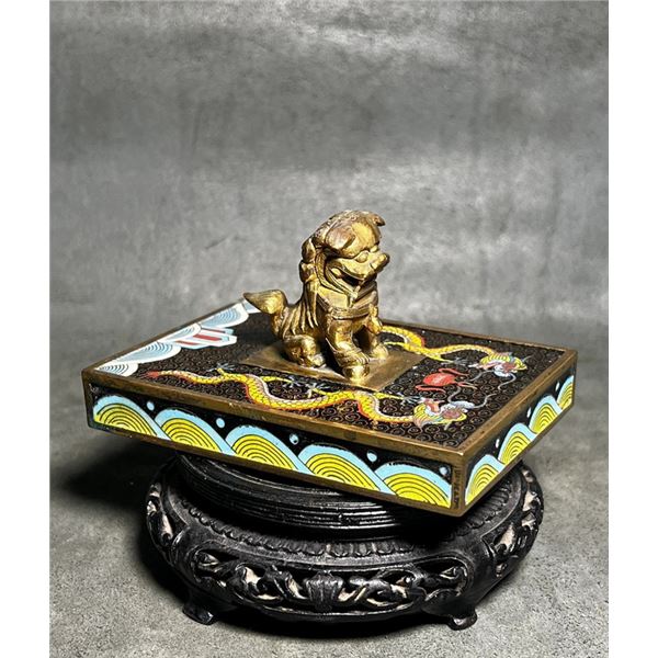Late Qing to Republic Period Cloisonné Paperweight with Gilt Lion Finial and “Two Dragons C