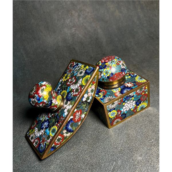 Pair of Cloisonné Enamel Scholar’s Desk Ornaments with Floral Scrolls