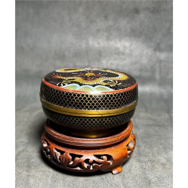 Cloisonné Enamel Circular Box with Yellow Dragon on Black Ground