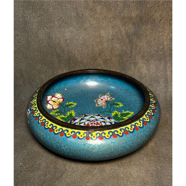Cloisonné Enamel Brush Washer with Floral Motifs on Blue Ground