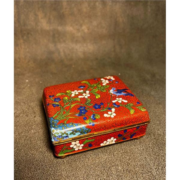 Cloisonné Enamel Square Box with Floral and Bird Motifs on Red Ground