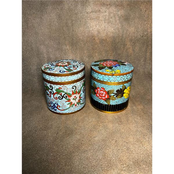 Pair of Cloisonné Enamel Tea Caddies with Floral Designs on Blue Ground