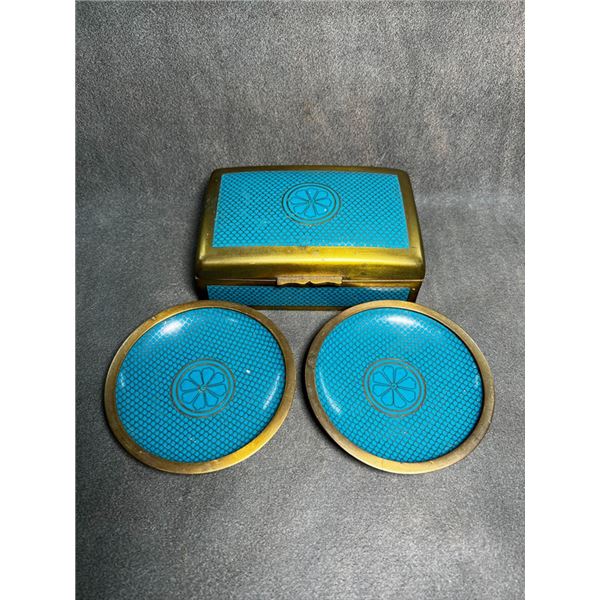 Set of Cloisonné Enamel Jewelry Box and Dishes with Turquoise Ground (Three Pieces)