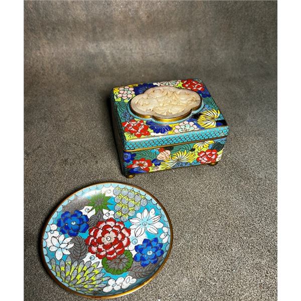 Cloisonné Enamel Jewelry Box with Jade Inlay and Floral Motifs