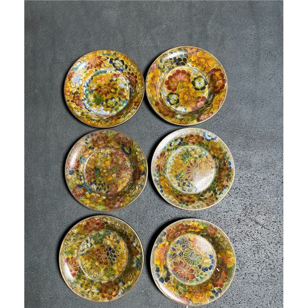 Set of Five Cloisonné Enamel Dishes with Floral Motifs on Yellow Ground