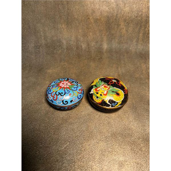 Pair of Cloisonné Enamel Ink Paste Boxes (Lotus and Dragon Designs)