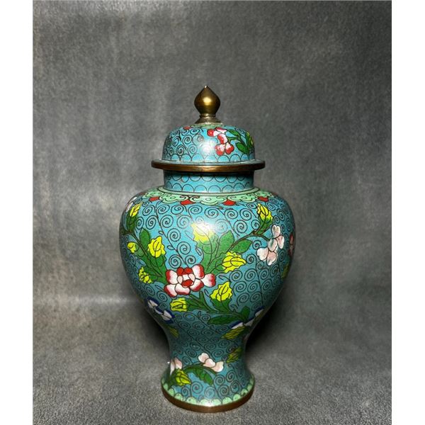Cloisonné Enamel Covered Jar with Floral Motifs on Turquoise Ground