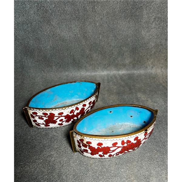 Pair of Cloisonné Enamel Boat-Shaped Brush Washers with Red Floral Design on White Ground