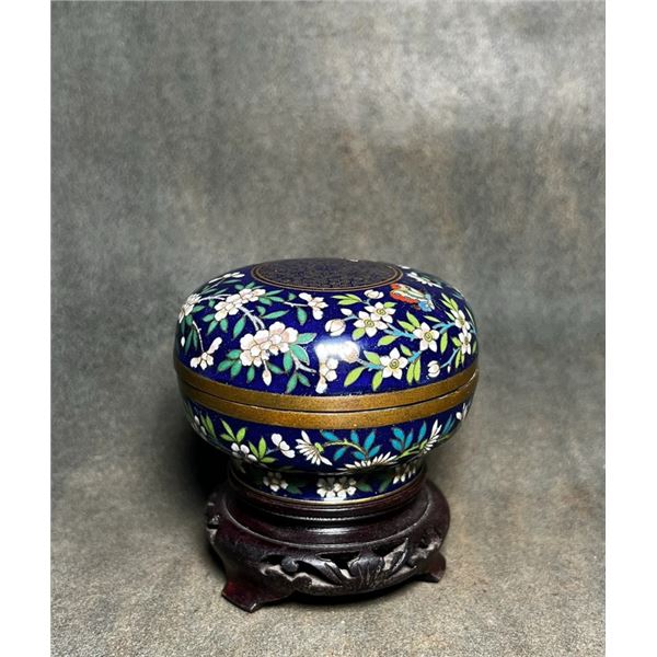 Cloisonné Enamel Butterfly Box with Floral Design on Blue Ground