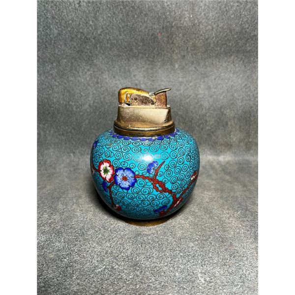 Cloisonné Enamel Table Lighter with Plum Blossom Design on Turquoise Ground