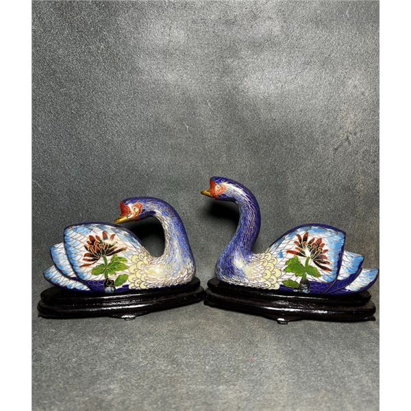 Pair of Cloisonné Enamel Swan Figures with Lotus Design