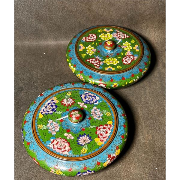 Pair of Cloisonné Enamel Flattened Jars with Floral Scrolls on Green Ground