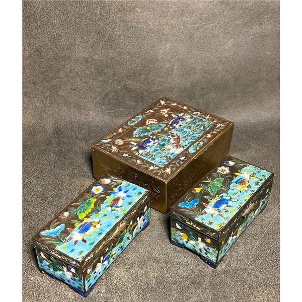 Set of Three Cloisonné Enamel Rectangular Boxes with Fish and Aquatic Plant Design
