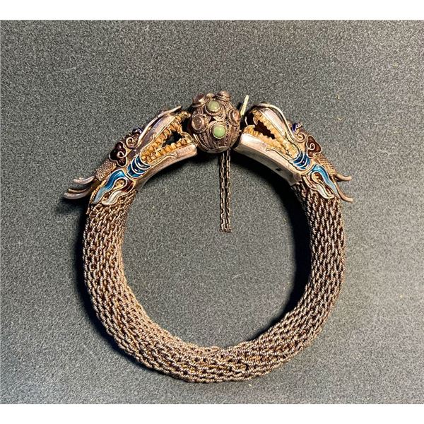 Gilt-Silver and Cloisonné Enamel Bracelet with Double Dragons and Sacred Pearl