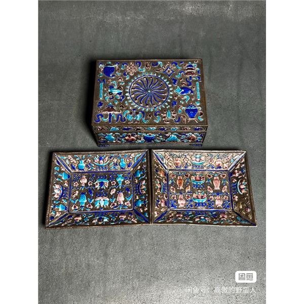 Late Qing to Republic Period Gilt Bronze Enamel Box with Relief Decoration