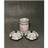 Image 1 : Famille Rose Enamel Tea Caddy with Jade Inlay and Matching Ashtrays (Three-piece Set)