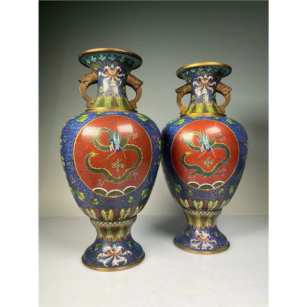 Pair of Cloisonné Enamel Vases with Dragon Motif