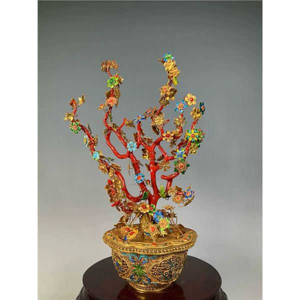 Gilt Silver Bonsai Inlaid with Natural Ocean Gems