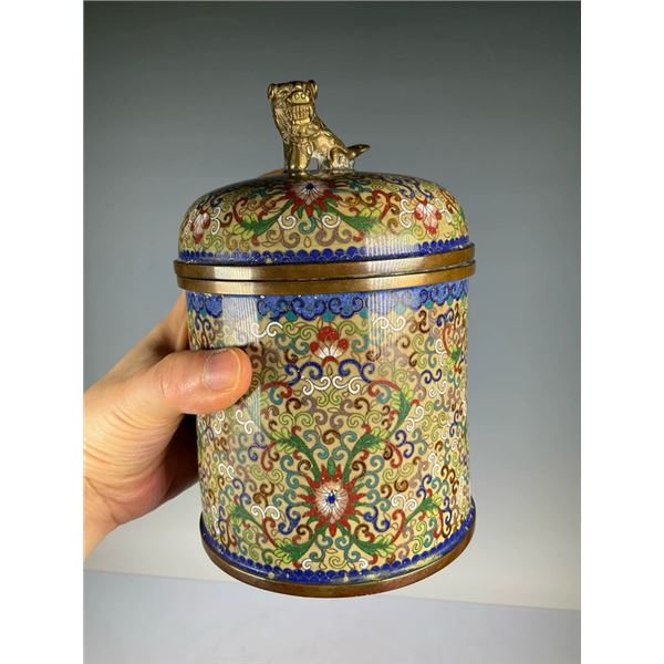 Cloisonné Tea Caddy with Foo Dog Finial