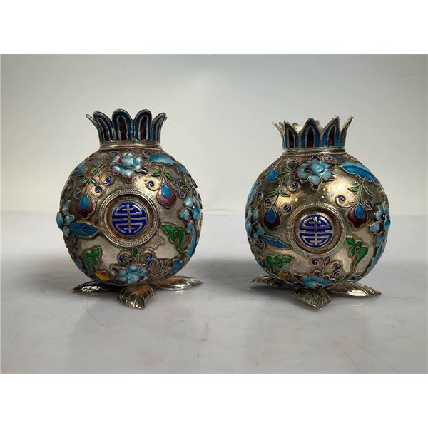 Pair of Silver Cloisonné Pomegranate Vases, Qing Dynasty