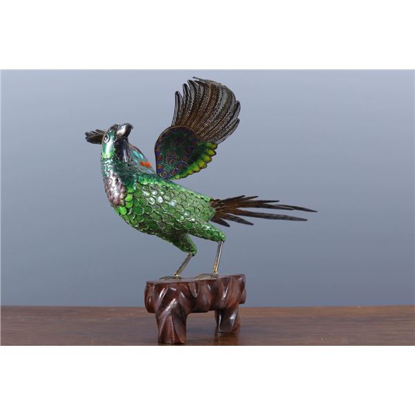 Gilded Silver Cloisonné Pheasant (Shoudainiao) Figurine with Gem Inlay