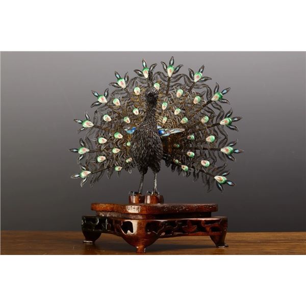 Silver Cloisonné Peacock Figure with Gem Inlay