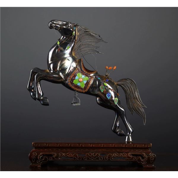 Silver Cloisonné Horse Figure with Gem Inlay