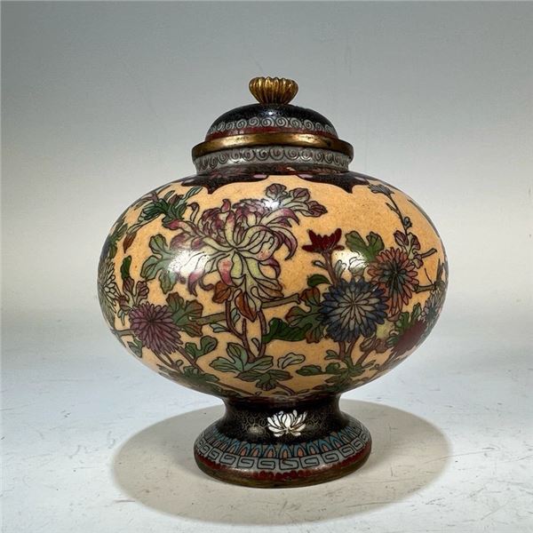 Republic Period Cloisonné Incense Burner with Bird-and-Flower Motif on Orange Ground