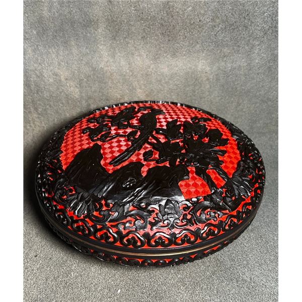 Carved Lacquer Circular Box with Bird and Rock Design (Tixi Technique)