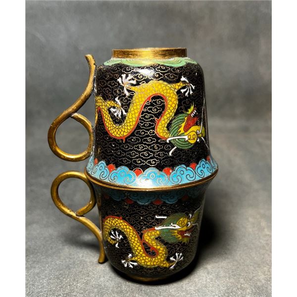 Pair of Cloisonné Enamel Cups with Black Ground and Gilded Dragon Motifs