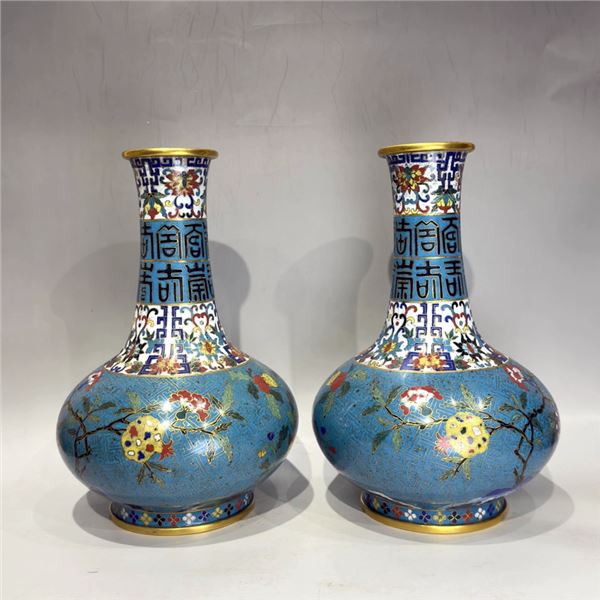Pair of Qing Dynasty Cloisonné Vases with Floral Scrolls and “Fu Shou” Characters