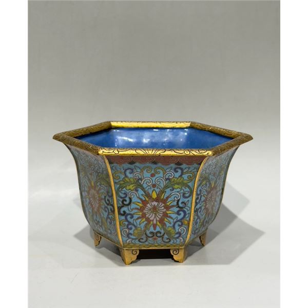 Cloisonné Enamel Hexagonal Planter with Lotus Scroll Design