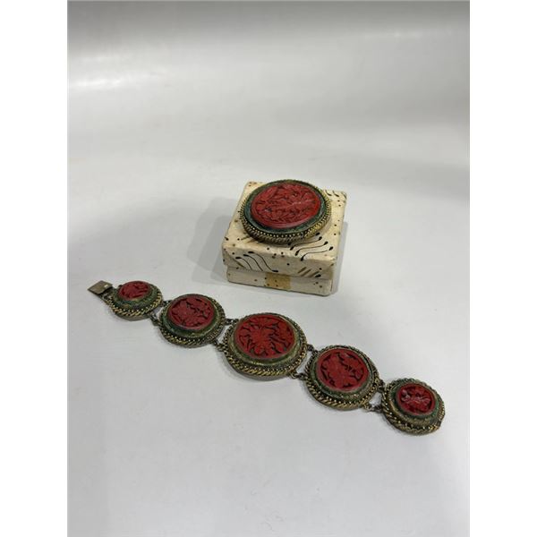 Red Lacquer Carved Bracelet and Brooch Set